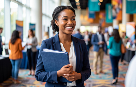 Small business owners and entrepreneurs networking at a South DeKalb business development event, zoomed in on one person